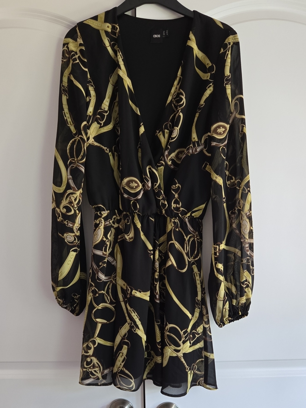 ASOS Black Long Sleeve Chain-Print Wrap Dress